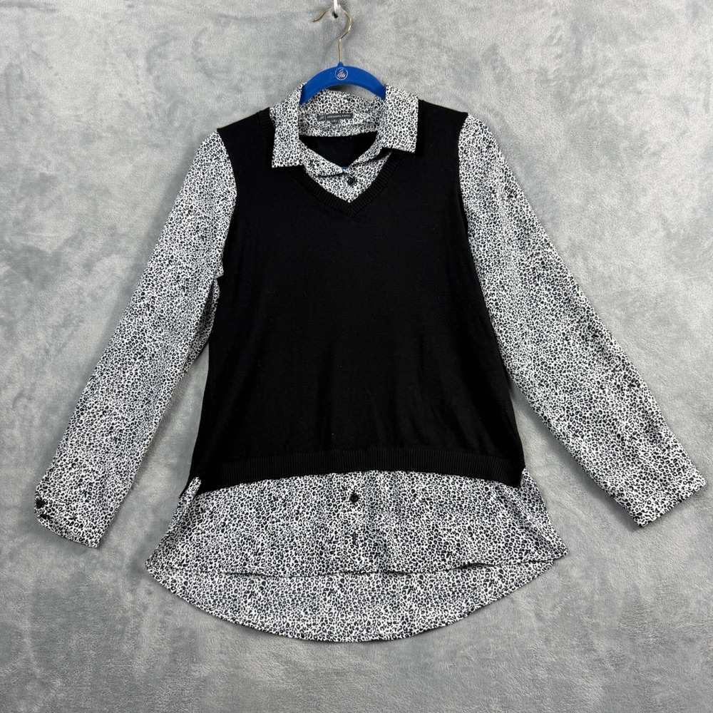 Adrianna Papell Womens Small Black White Layered Sweater Leopard Shirt Luxe